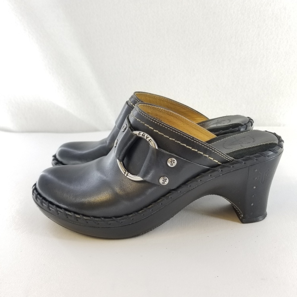 FRYE Black Leather Harness Mule Clog Sz 8 M